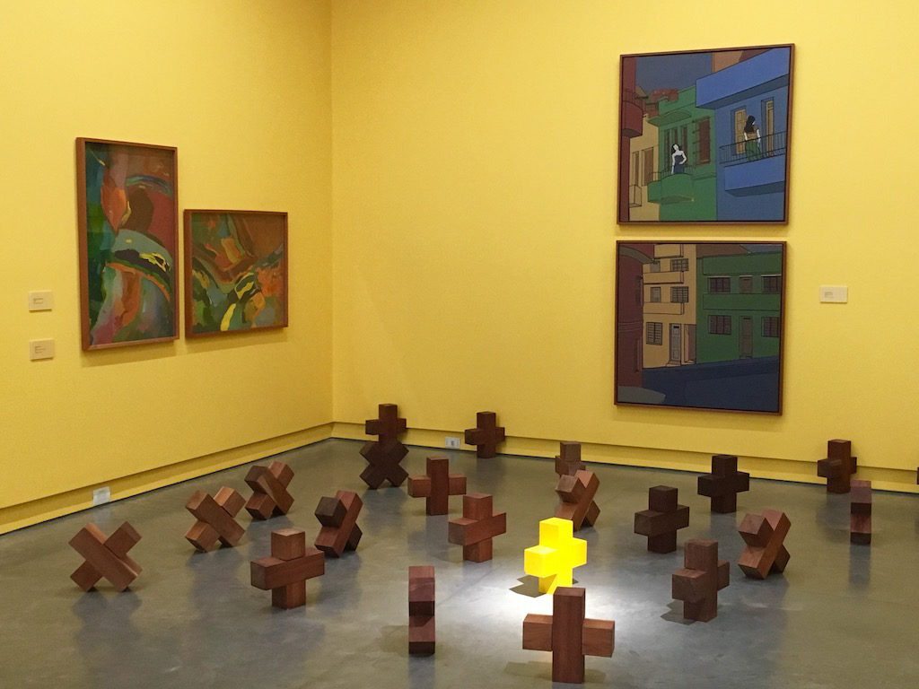 One of the permanent exhibitions in the Medellín Museum of Modern Art includes both sculptural and two-dimensional pieces by Colombian artists
