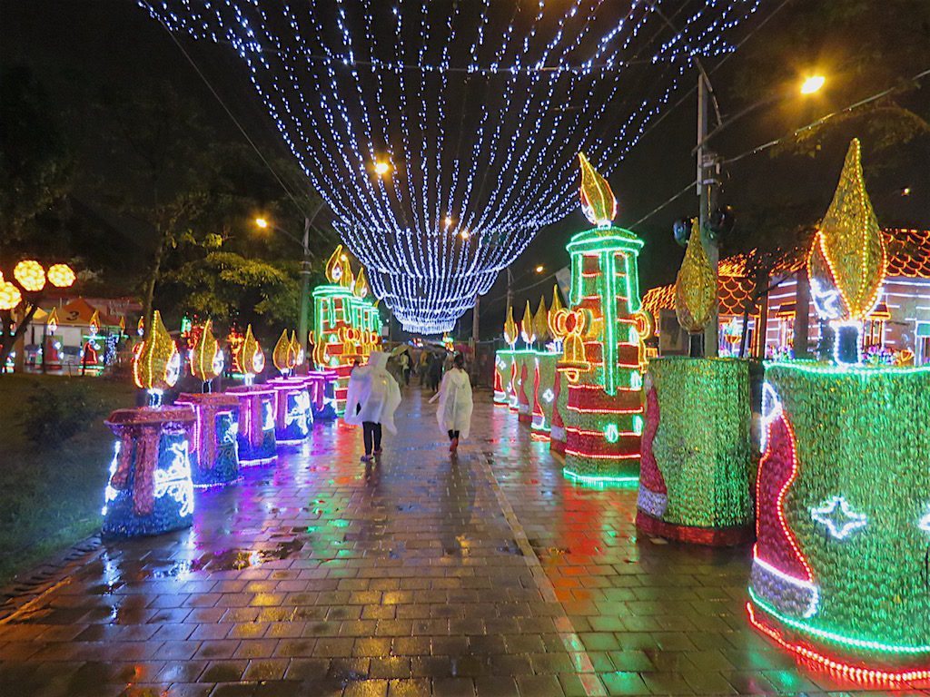 Medellín Christmas lights last year at Parque Norte on a rainy night