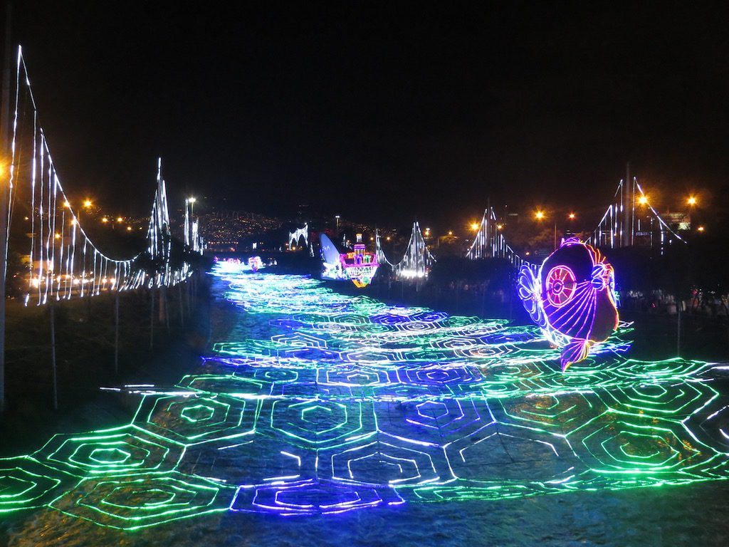 2014 Christmas lights strung across the river