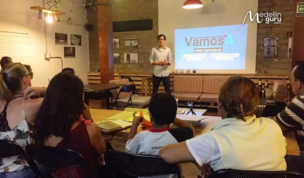 Juan Felipe, of VamosA, pictured presenting at “Pitch Night” for entrepreneurs practicing their investor pitch in front of an audience
