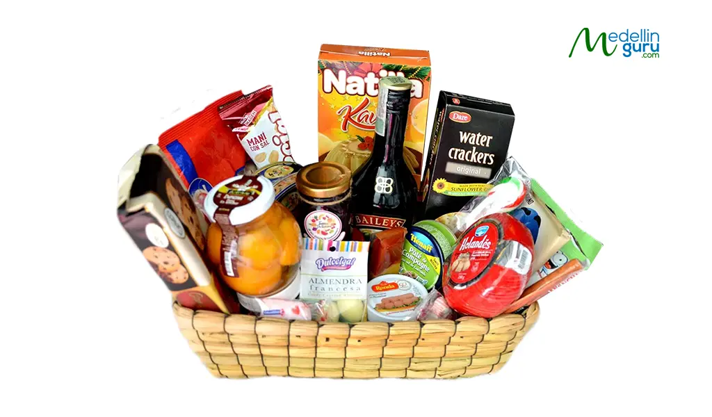 Christmas gift basket filled of typical Colombian food and sweets