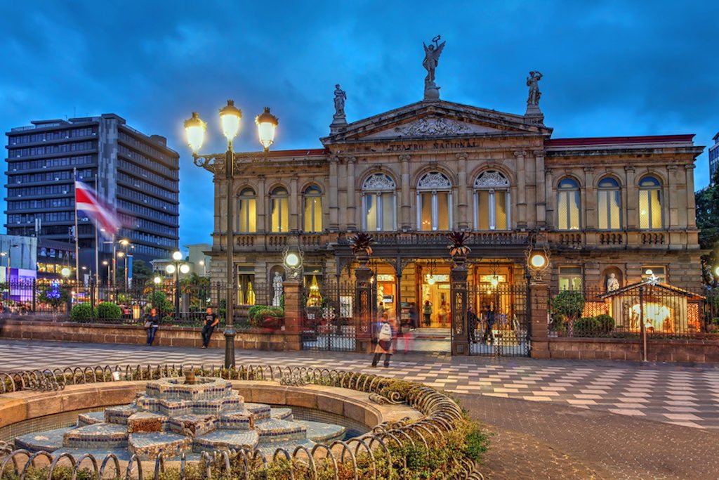 The square in front of the National Theatre of Costa Rica in San Jose at twilight