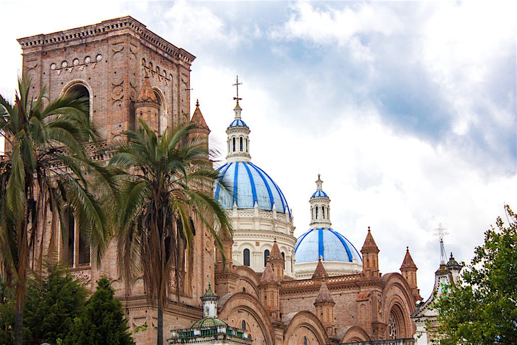 The blue cathedral domes of the new Immaculate Conception Cathedral in Quenca