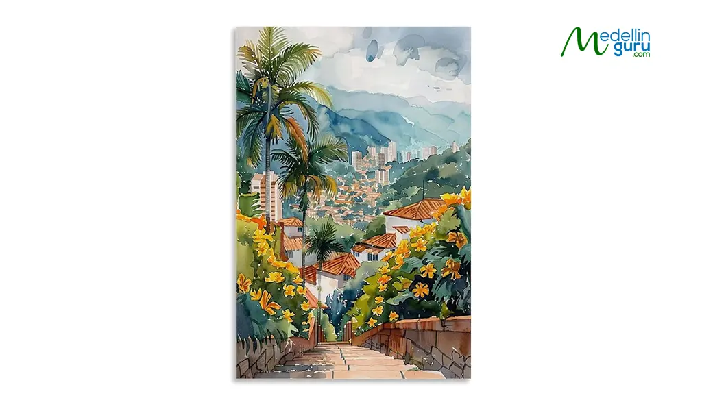 Watercolor-style Medellín cityscape art print, a vibrant Medellín-inspired wall art gift for Christmas.