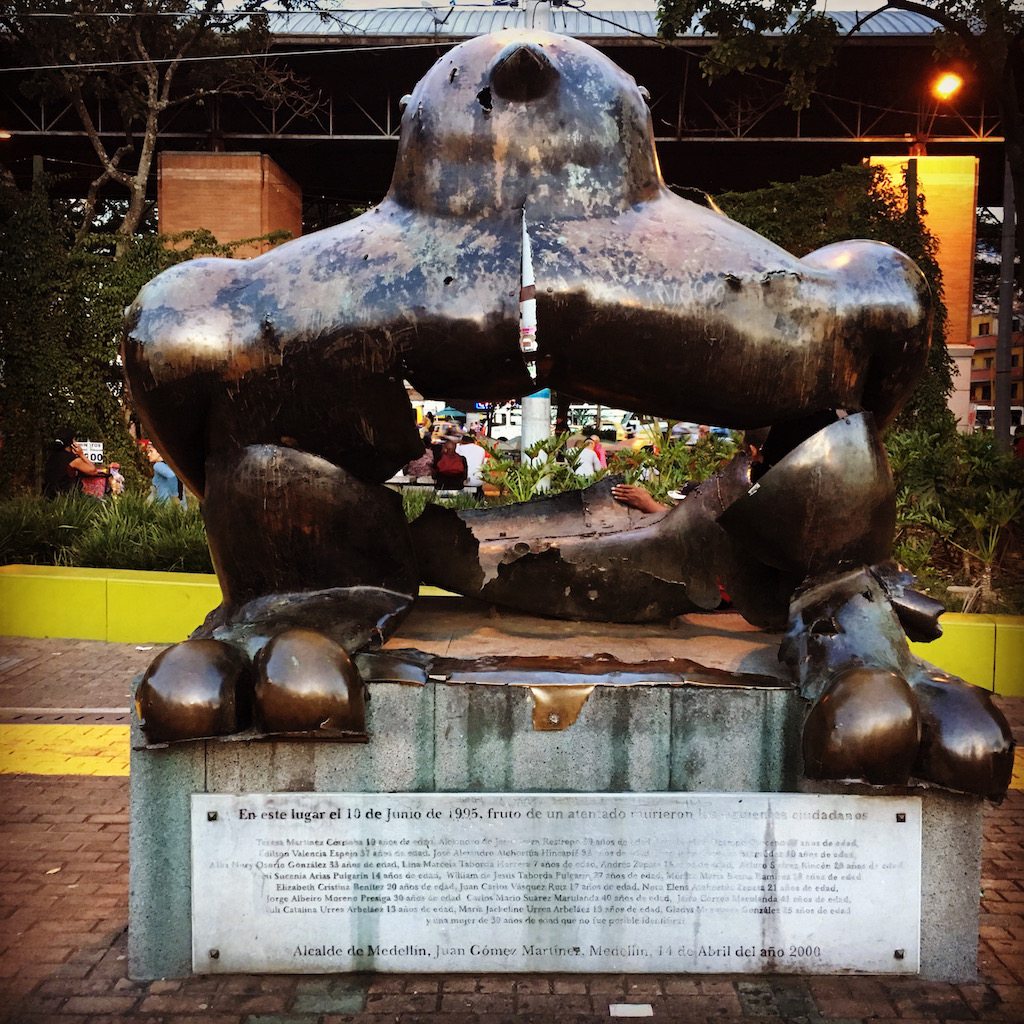 A Botero sculpture that was destroyed by a bomb in the center of Medellín during the crisis remains to remind us of the past