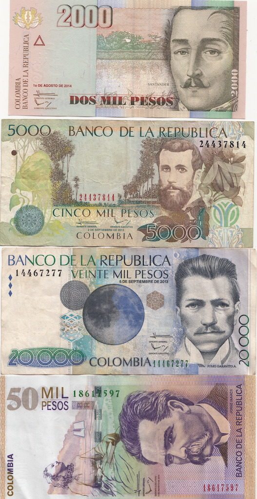 Four of the old Colombia currency notes still in circulation