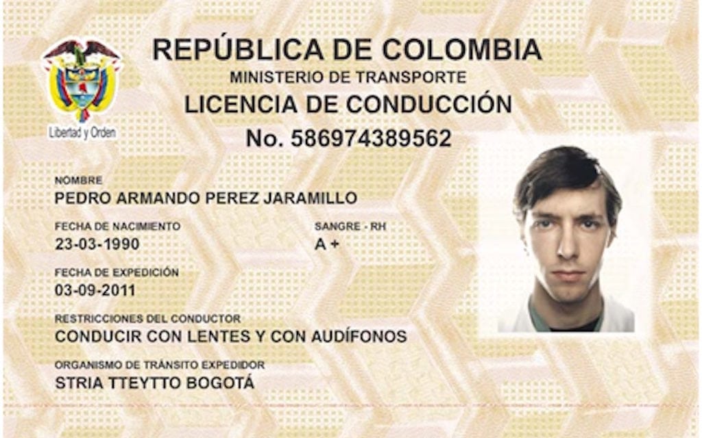Colombian Drivers License, courtesy of Colombia’s Ministerio de Transporte
