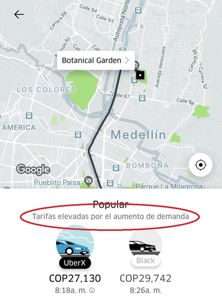 Fare is higher due to high demand (Tarifas elevadas por el aumento de demanda)
