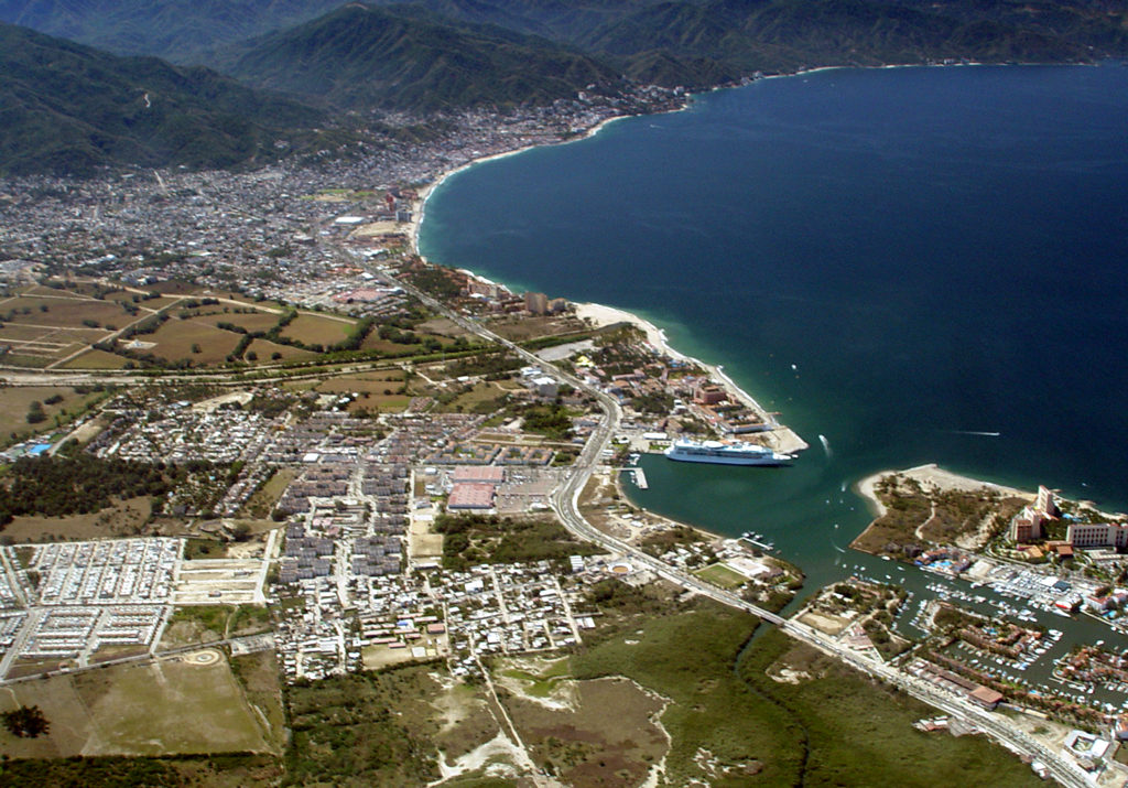 Aerial view of marina, cruise ship terminal and Puerto Vallarta, photo by Intersofia