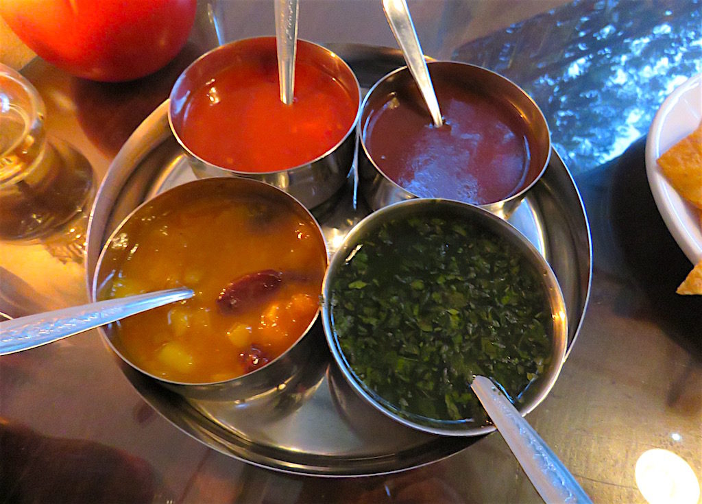 The four sauces at Mu: spicy, BBQ, chimichurri and mango