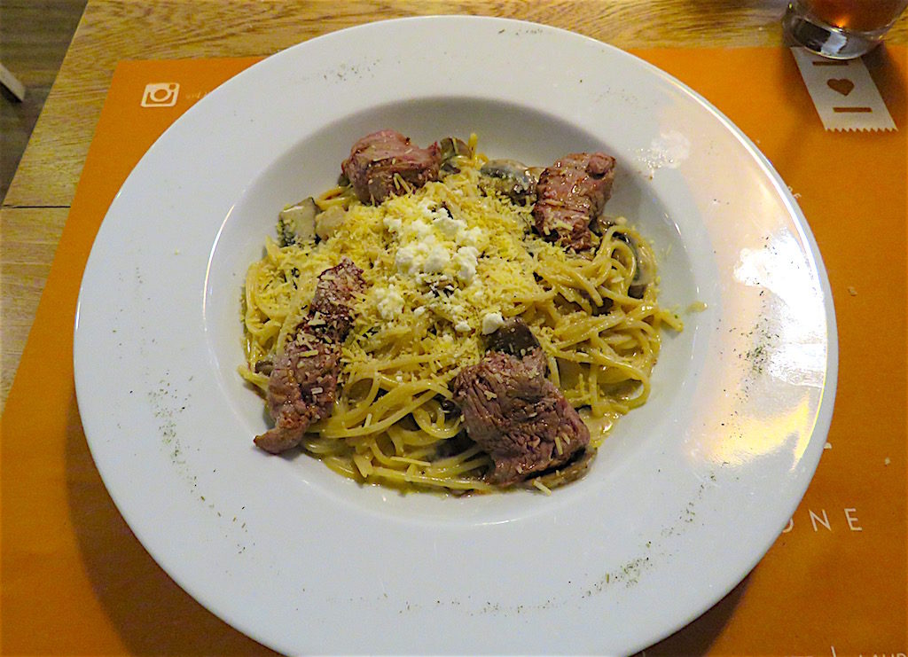Pasta with steak and mushrooms