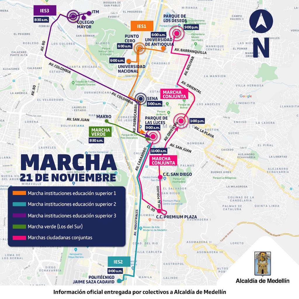 Map showing routes for November 21 protest marches in Medellín, courtesy of the Medellín Mayor's office
