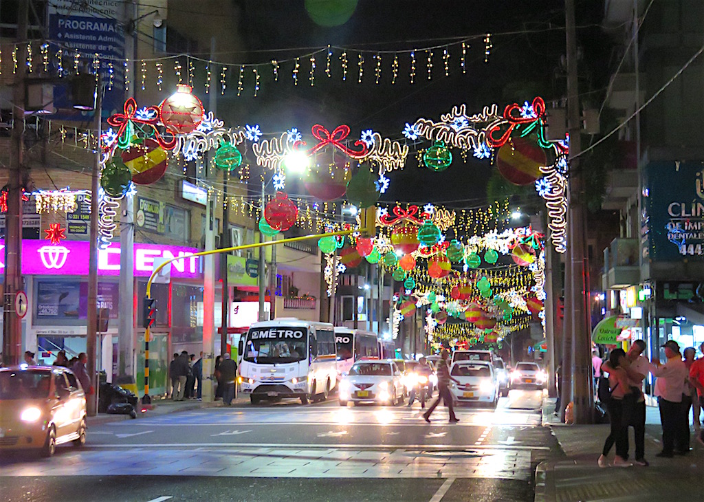 Christmas lights along a street at Parque Envigado