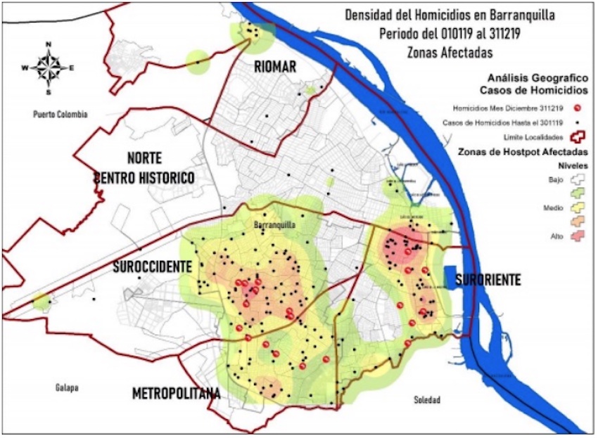 Map of 2019 homicide locations in Barranquilla, source: Oficina para la Seguridad y Convivencia Ciudadana