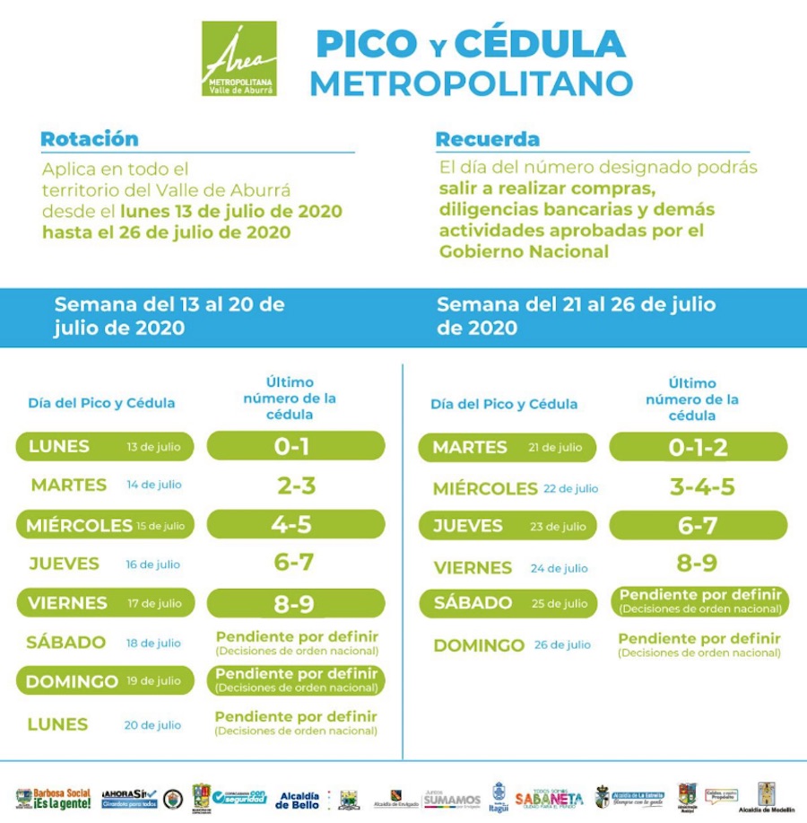 Pico y Cedula in Medellín and the Aburrá Valley Starting on July 13, 2020
