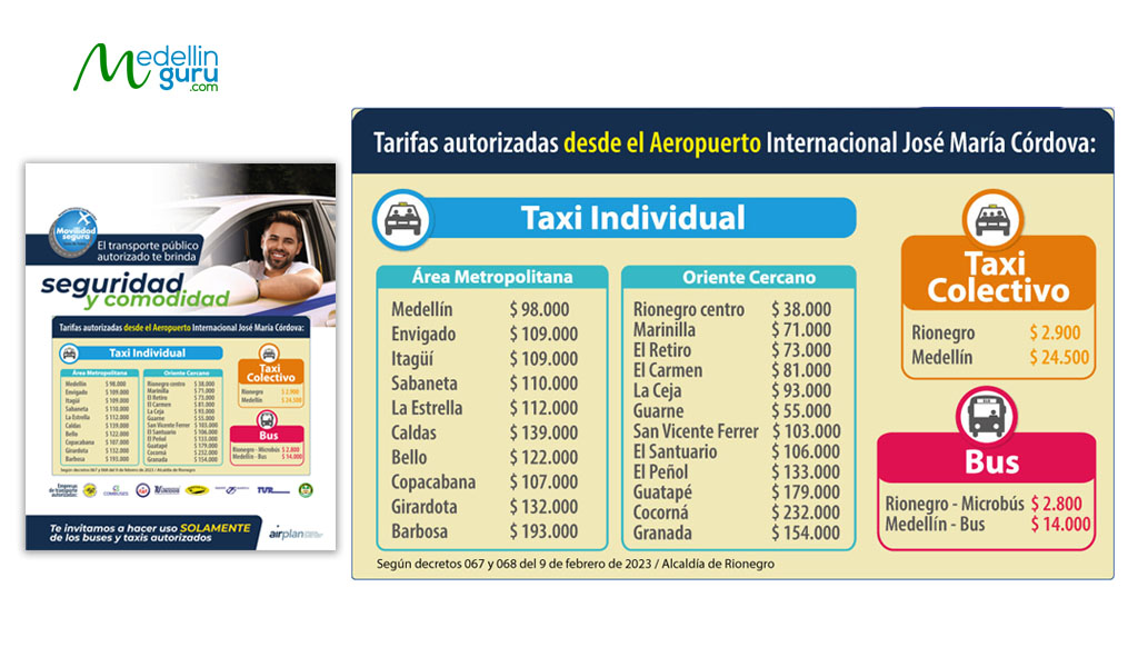 Sign with fares for white airport taxis at the airport.