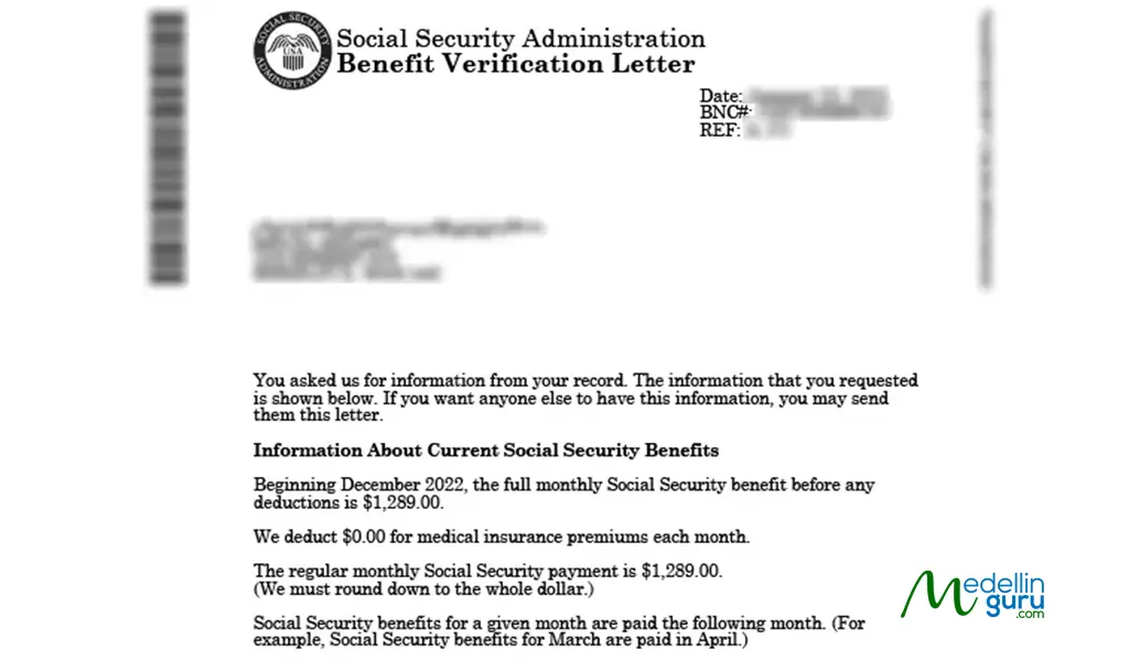 A U.S. Social Security Benefit Verification Letter, a key financial document required for American expats applying for a Retirement Visa and other migratory services in Colo
