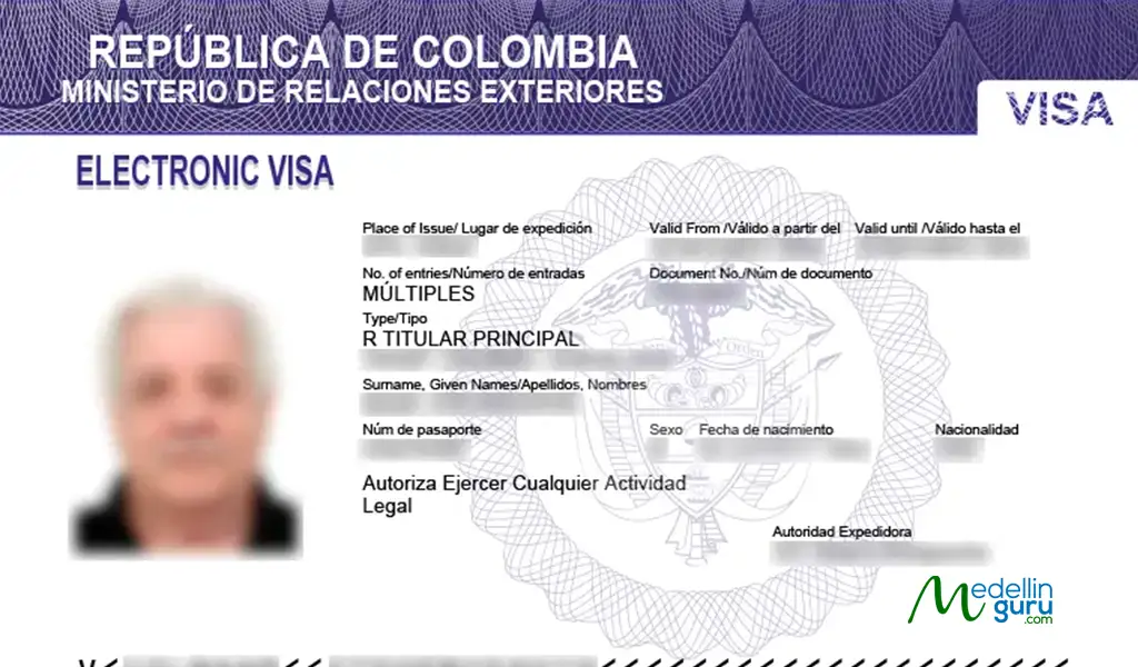Close-up of a Colombian electronic visa issued by the Ministry of Foreign Affairs.