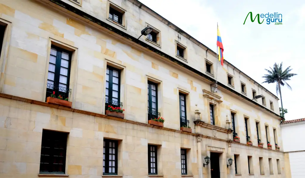 Exterior view of the historic Palacio de San Carlos, headquarters of the Ministry of Foreign Affairs (Cancillería) in Bogotá.