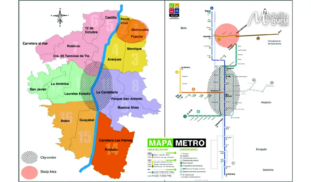 Map of Medellin's urban neighborhoods alongside its integrated Metro and Metrocable public transport network