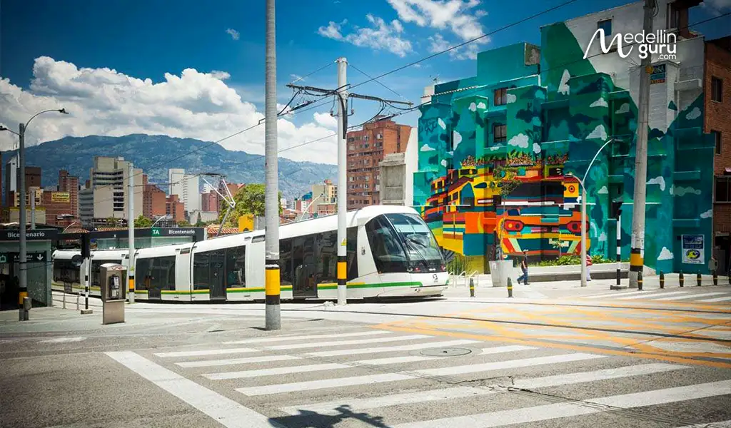 Medellin's Ayacucho Tram (Tranvía) on city tracks, part of Public Transport in Medellin