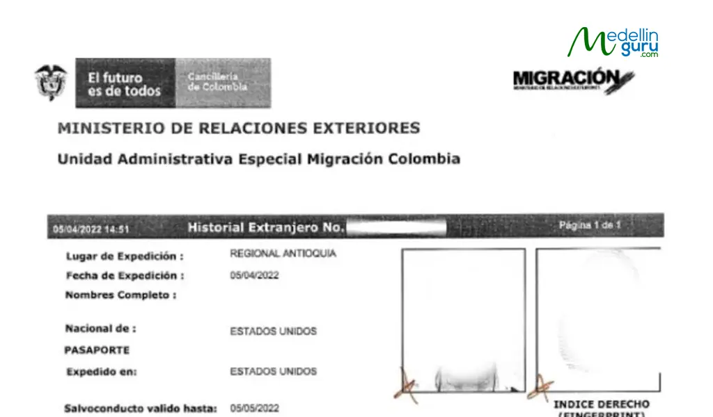 Official Colombian immigration document header for 'Salvoconducto Extension' issued by Migración Colombia and the Ministry of Foreign Affairs, indicating temporary legal sta