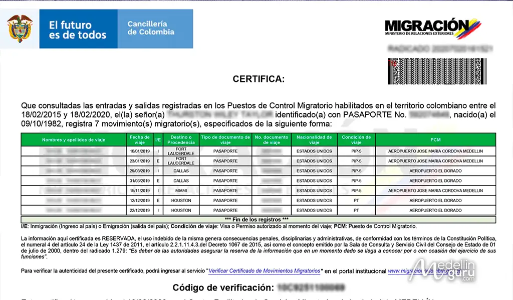 Official Migración Colombia 'Certificado de Movimientos Migratorios' detailing entry and exit records for an expat