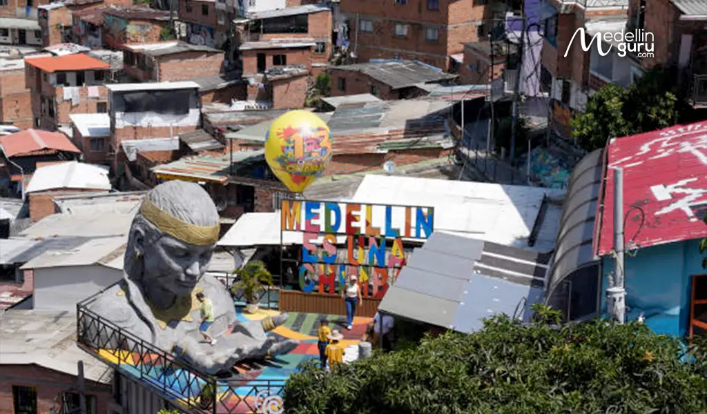 Panoramic view of Comuna 13 in Medellín, showcasing its vibrant transformation and artistic community