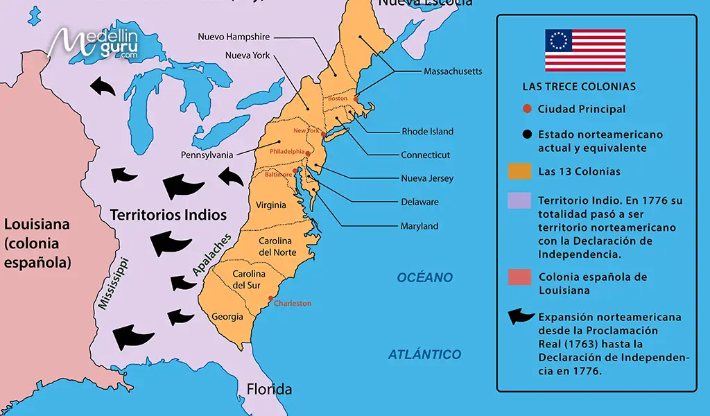 A map illustrating the Thirteen Colonies before their independence from British rule