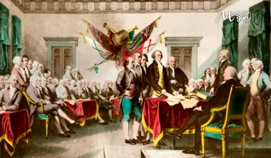 Founding Fathers signing the Declaration of Independence, marking the separation of the 13 colonies from the British Empire