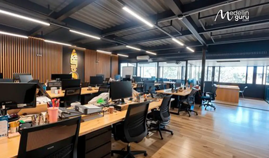Coworking space at Emprendu Bogotá, showcasing a shared work area