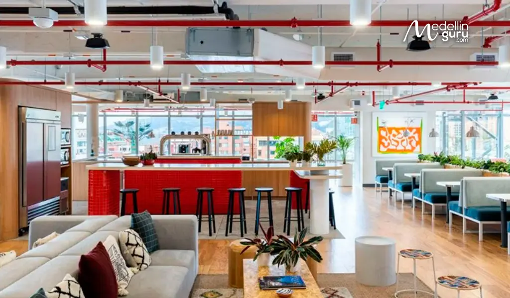 Coworking space lounge at WeWork El Chicó, Bogotá, perfect for creative remote workers.