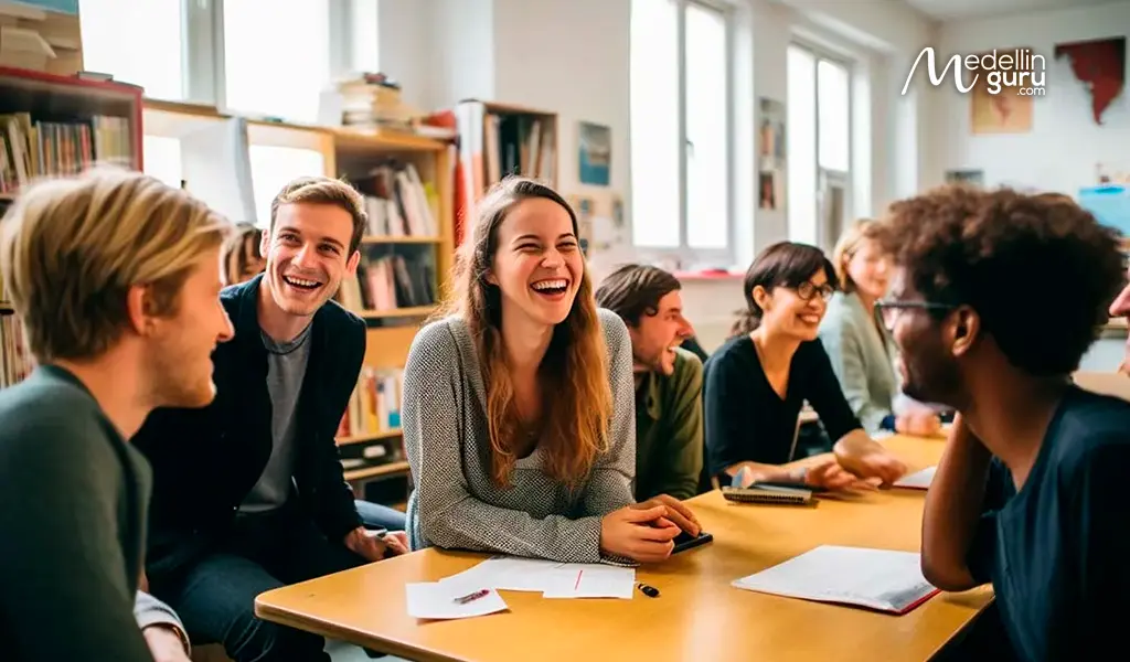 Group of foreigners laughing in a classroom, illustrating cultural immersion in Colombia