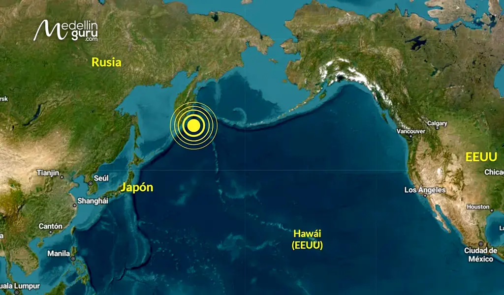 Map showing the epicenter of the earthquake in Russia that triggered a tsunami alert in Colombia and across the Pacific.