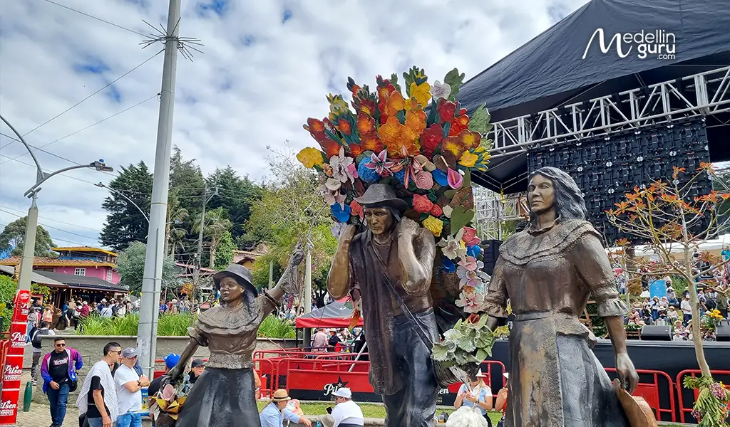 vibrant scene from the Medellín Flower Festival showcasing colorful flowers and festivities