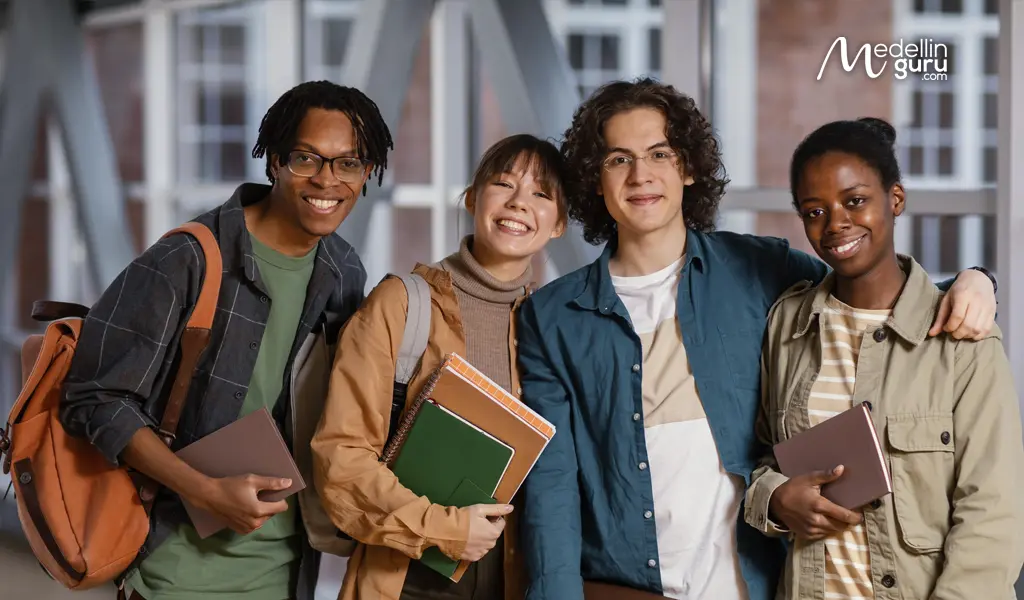 A group of international students on a university campus, showcasing opportunities for academic and professional development