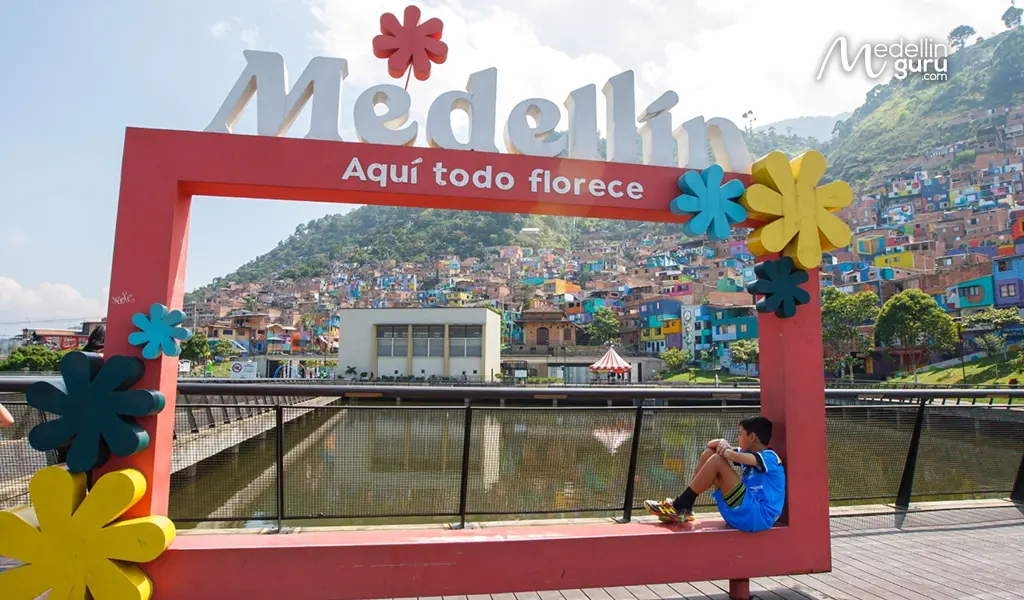 Tourist sign in Medellín with colorful buildings