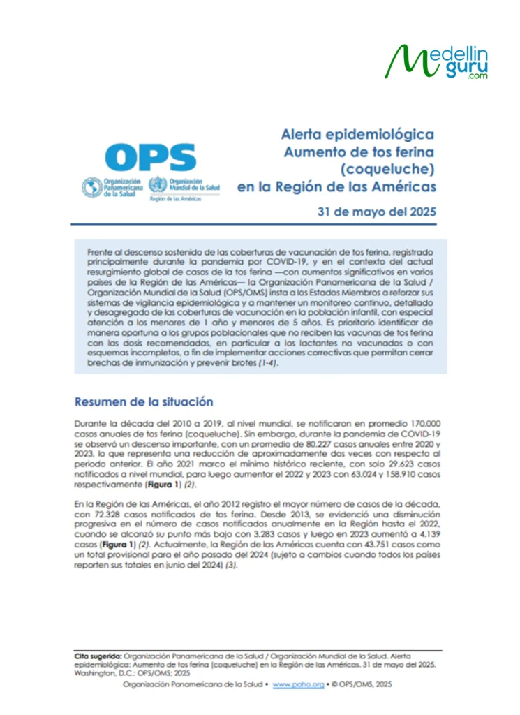 PAHO Epidemiological Alert document for Whooping Cough (Pertussis) showing the increase in cases in the Americas.