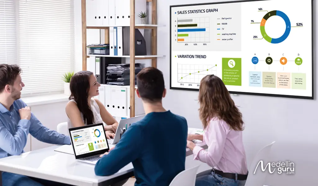 Team reviewing data on the Colombian economy to identify investment opportunities