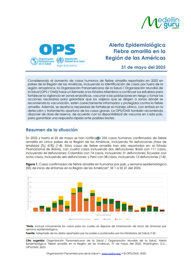 Yellow Fever alert graphic, highlighting the PAHO public health alert and travel health warnings for Colombia