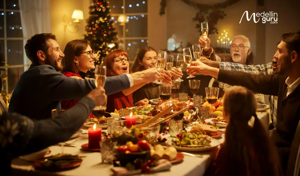 Colombian family making a midnight toast on New Year's Eve