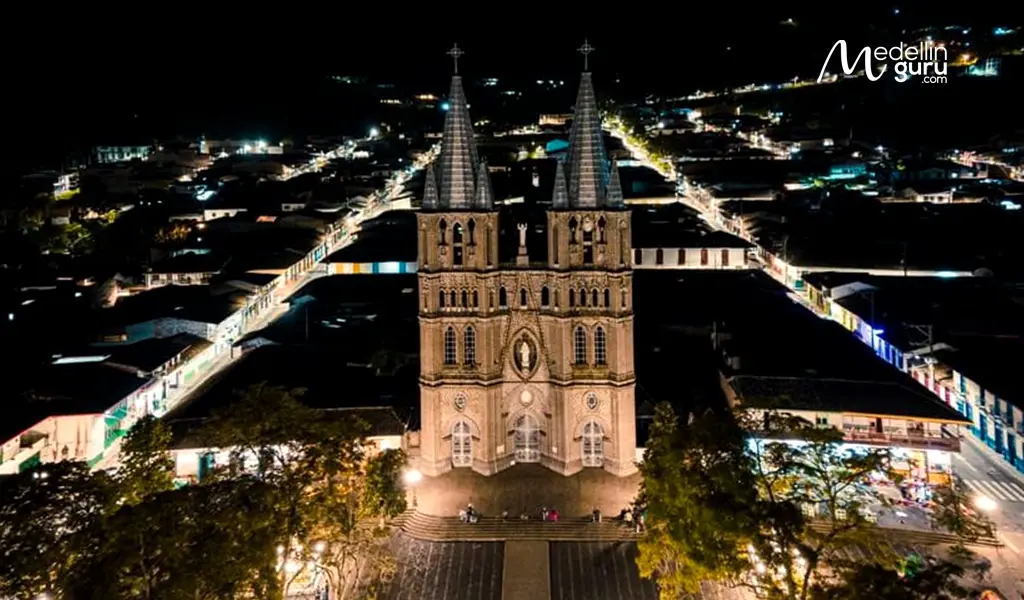 Illuminated Basilica of the Immaculate Conception in Jardín at Christmas