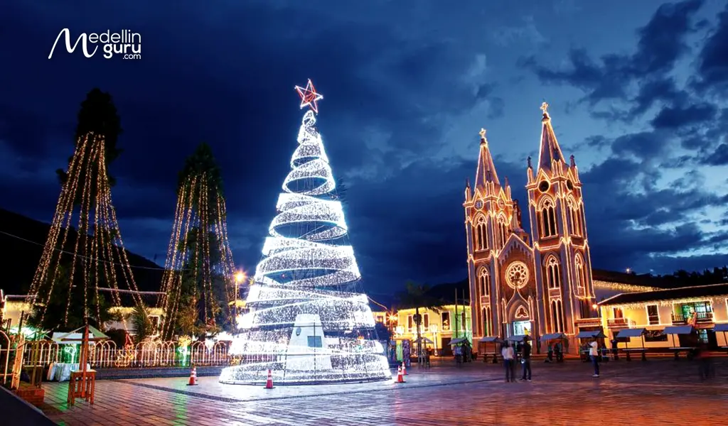 Traditional Colonial church and Christmas lights in Monguí, Boyacá