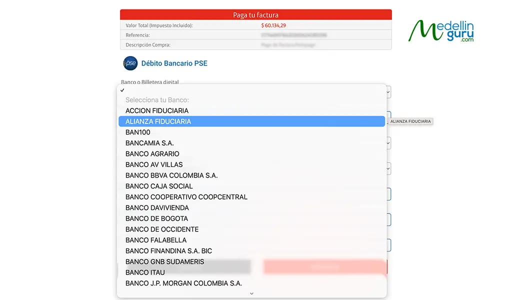 Dropdown menu from which the user chooses Alianza as their bank)