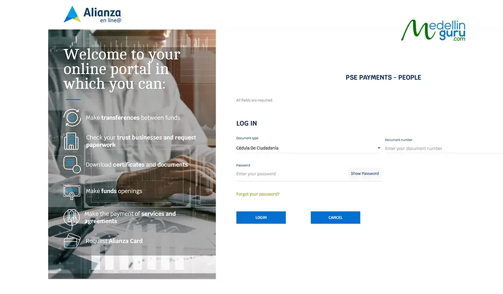 Redirection to Alianzas authentication page