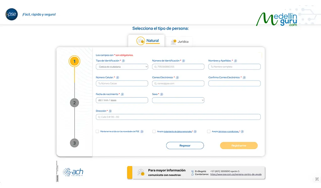 PSE Colombia registration page for individuals