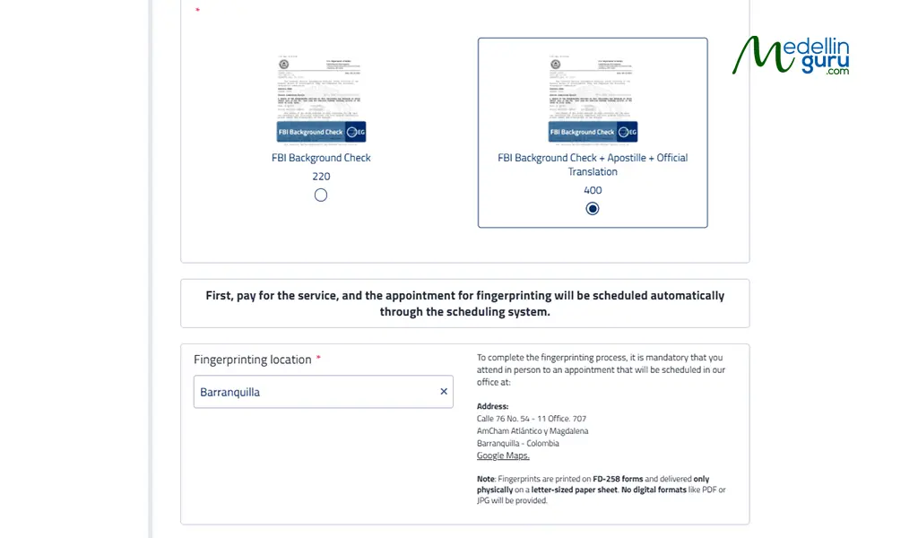 Select the option for the FBI Background Check you wish to acquire.