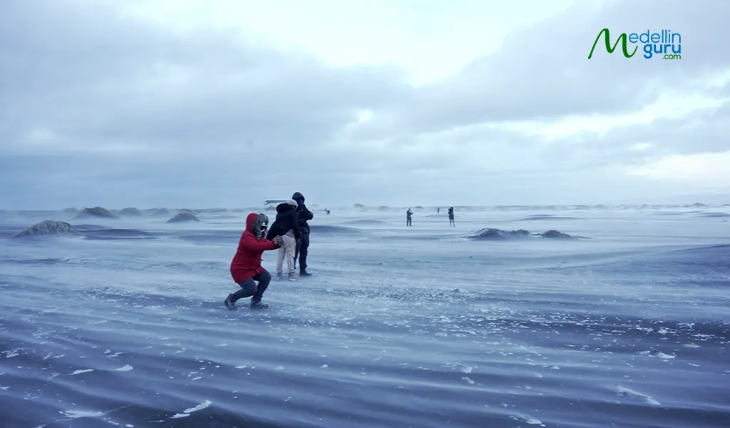 Travelers exploring the vast, windswept black sand shore near Vestrahorn under a cloudy, overcast winter sky.