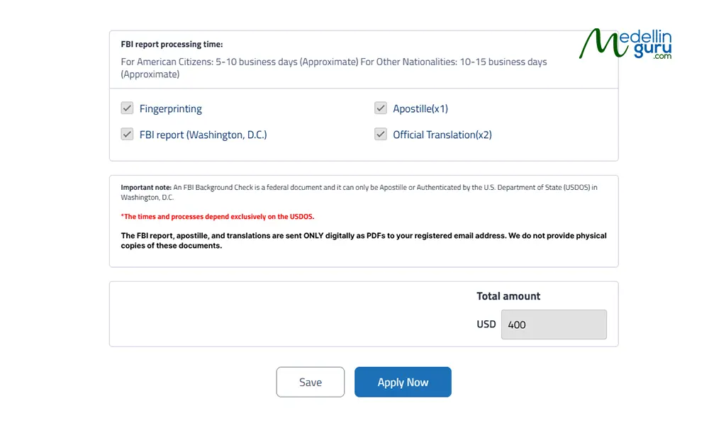 Verify the city and the total amount to pay for the service.