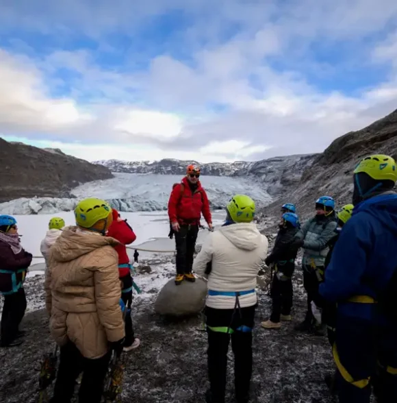 Tourists equipped and preparing for a glacier hike